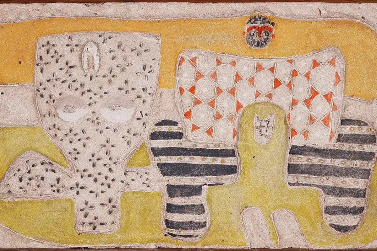 1/8 Costantino Nivola, Untitled, 1953. Sandcast policromo, 30,8 x 50,1 x 2,6 pollici. Famiglia di Costantino Nivola. Foto di Marco Anelli, courtesy Magazzino Italian Art, Fondazione Olnik Spanu
