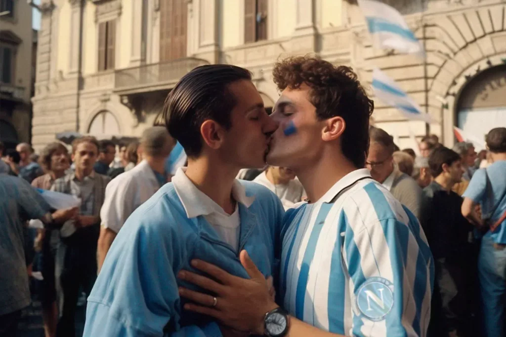 una coppia si bacia per festeggiare lo scudetto, Inclusione e calcio, Foto di Angelo Formato, creata dall'intelligenza artificiale