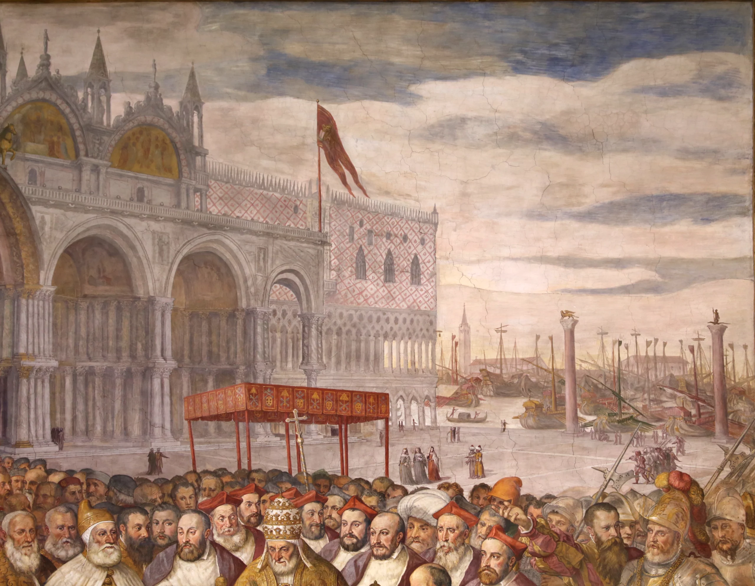 Francesco salviati e giuseppe porta detto il salviatino, Riconciliazione di papa Alessandro III e Federico Barbarossa, 1565-75, palazzo ducale venezia